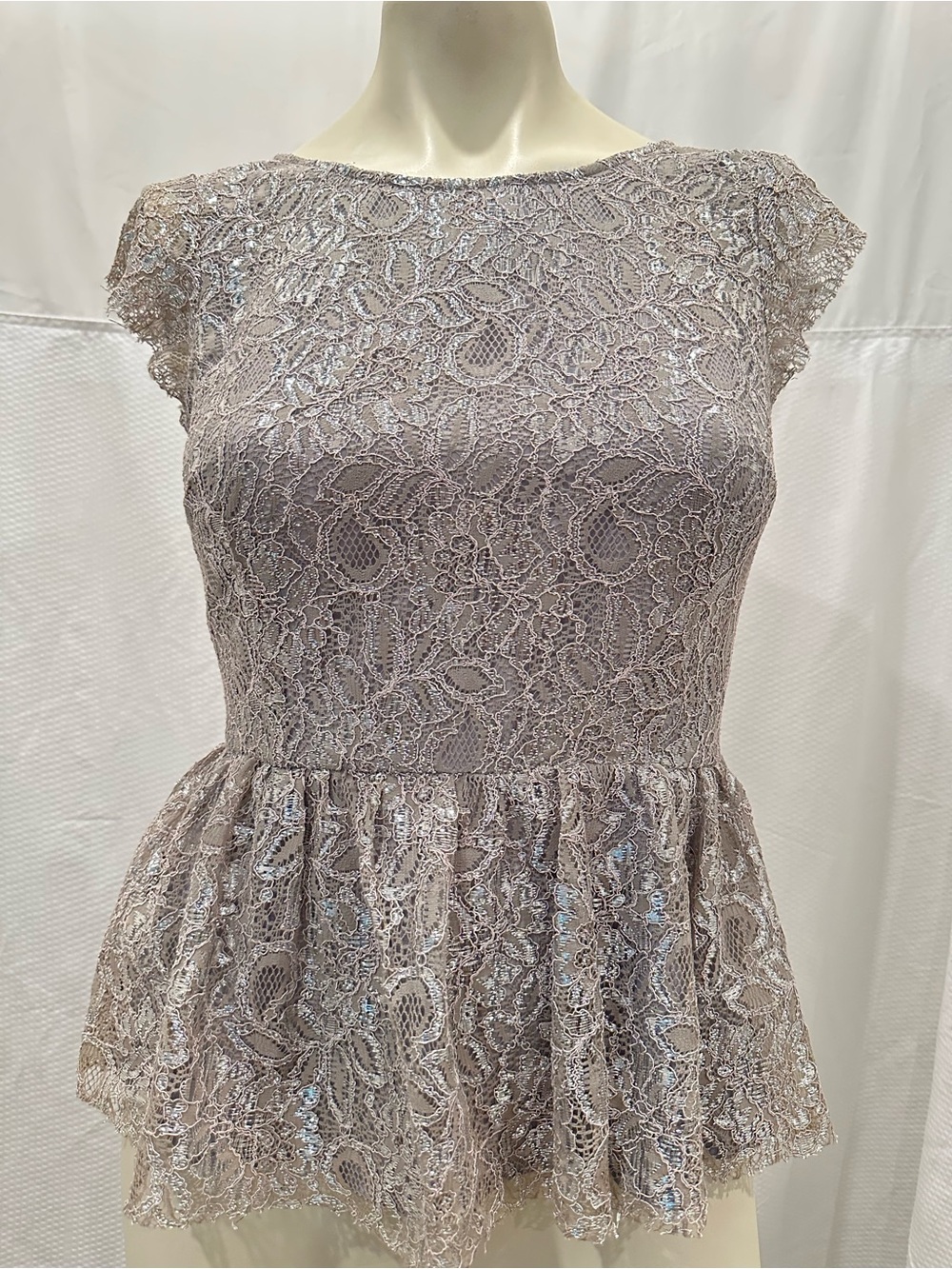 Maeve Anthropologie Lace Peplum Blouse in Silver